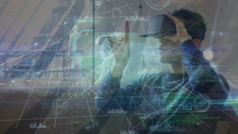 Man Using VR Glasses with Futuristic Interface Overlapping Athletics