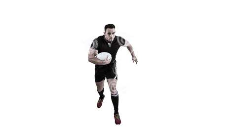 Rugby player running with ball isolated on transparent background