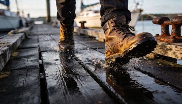 Close-up brown leather boots splashing on wet wooden marina dock near rusted cleat