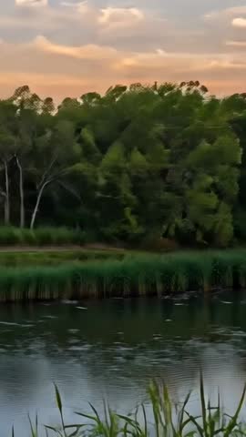 Vertical riverbank panning at dusk showing reeds, tree reflections and tranquil twilight water