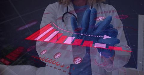 Clinician wearing lab coat and gloves engaging holographic AR medical dashboard analytics