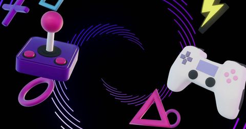Colorful Gaming Controllers and Symbols on Black Background - Download Free Stock Images Pikwizard.com