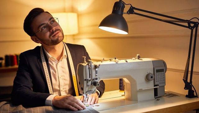 Tailor sewing bespoke jacket at workbench with industrial sewing machine and tape measure