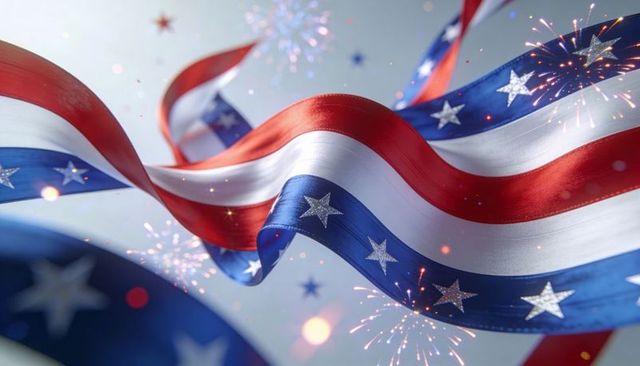 Waving satin red white blue ribbon with silver stars and fireworks for patriotic celebration