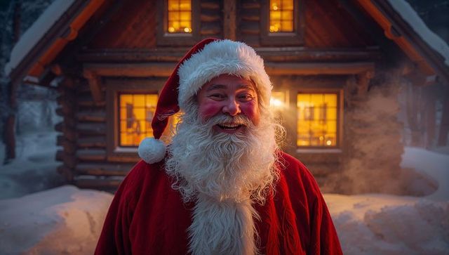 Jolly Santa Claus Standing Joyfully by a Warm Lit Cabin