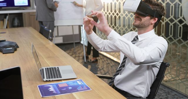 Businessman Using VR Headset in Modern Office Presentation - Download Free Stock Images Pikwizard.com