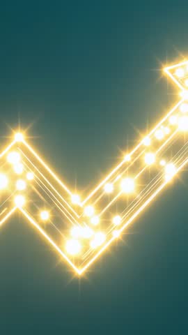 Neon Gold V-Arrow Tracing Teal Backdrop, Sparking Light Trail, Futuristic Vertical Motion