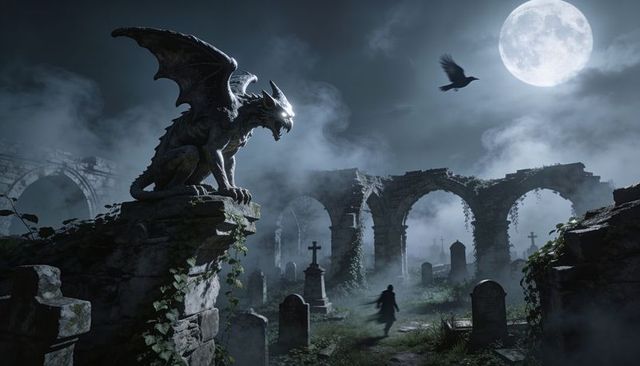 Moonlit gothic cemetery with winged gargoyle perched on crumbling ledge and cloaked figure