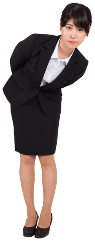 Asian businesswoman in formal attire bowing pose transparent background
