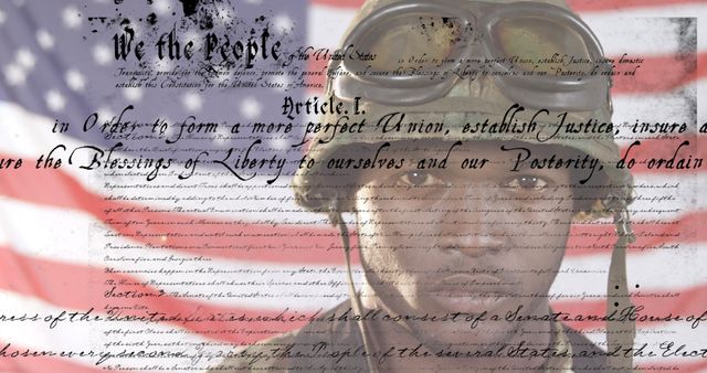 Image of U.S. flag waving with U.S. Constitution text rolling over African American male soldier wearing military uniform. United States of America flag and holiday concept digital composition