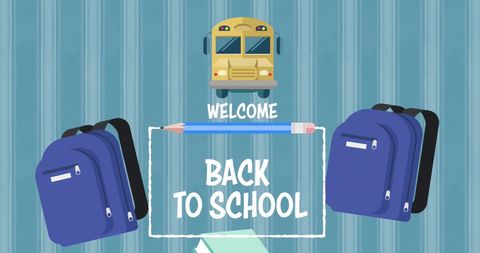 Welcome Back to School with School Icons on Blue Striped Background