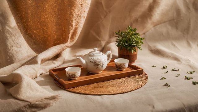 Porcelain teapot and two teacups on wooden tray with woven placemat and linen backdrop