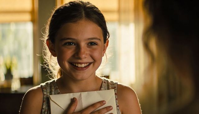 Smiling preteen holding heartfelt letter to chest in sunlit cozy home morning moment
