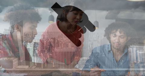 Creative Team Collaborating with Technology Icons Overlay