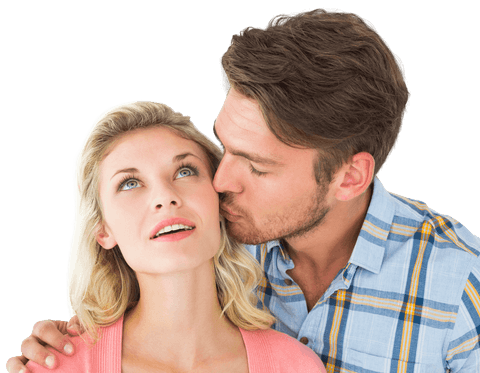 Charming Man Kissing Girlfriend on Cheek with Transparent Background