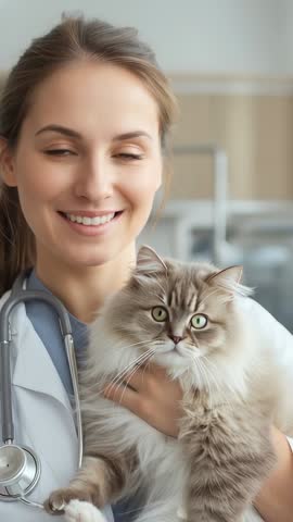 Veterinarian Holding Fluffy Longhaired Cat in Exam Room Smiling with Stethoscope Vertical Video