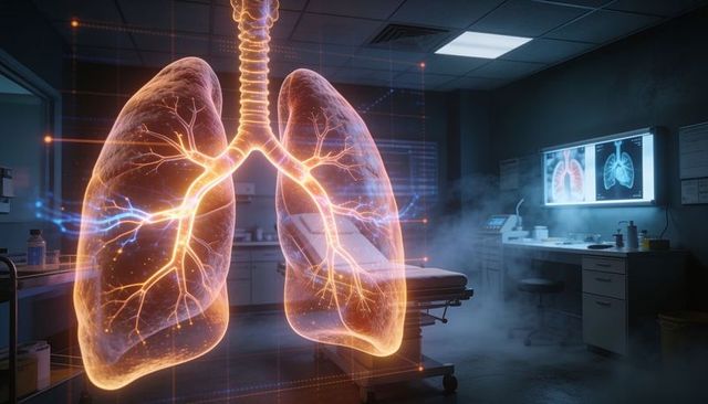 Glowing 3d holographic lungs visualizing bronchial tree in medical exam room with ar data overlays