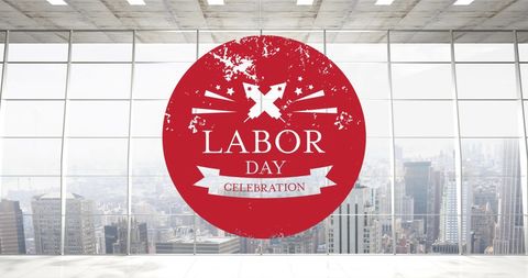 Labor day celebration banner above urban cityscape skyline