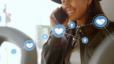 Smiling Woman Using Smartphone with High-Tech Interface Overlay