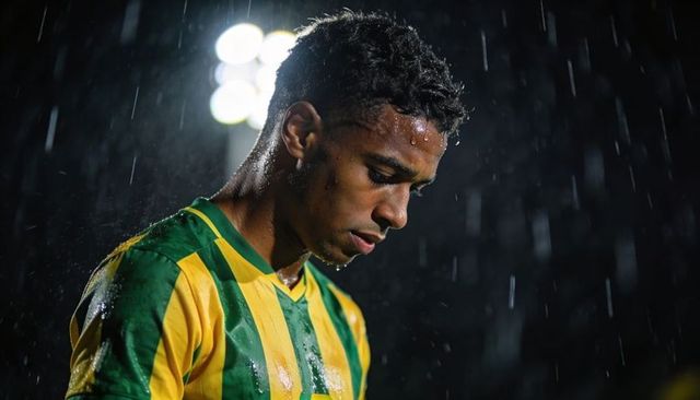 Standing soccer player bowing under stadium lights getting soaked in rain at night
