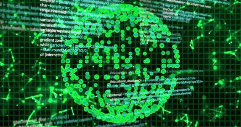 Glowing Green Digital Globe of Data Nodes and Code Visualizing Global Network Security