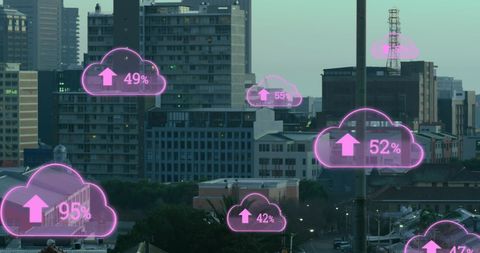 Digital Cloud Symbols Over Urban Cityscape
