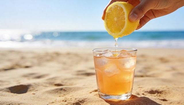 Squeezing lemon over iced citrus drink on sunny sandy beach, refreshing summer cocktail
