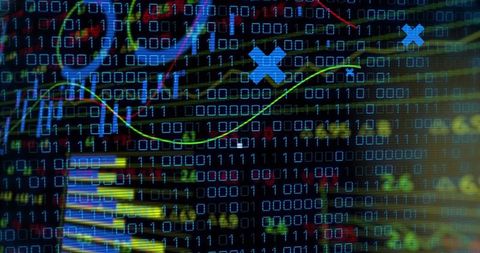 Binary Code and Data Charts on Digital Display