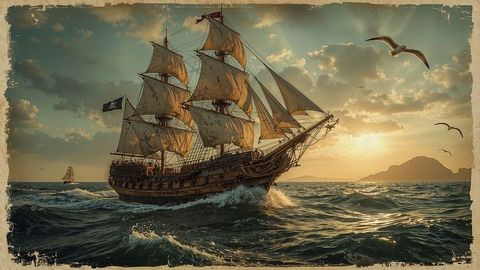 Three-masted pirate ship sailing at sunset