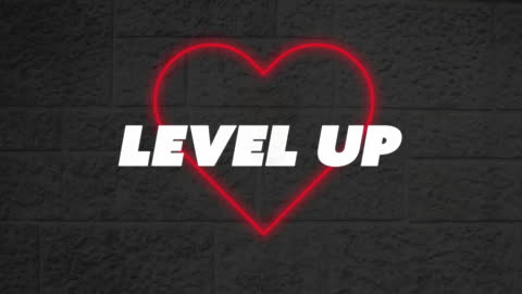 Neon Heart and Level Up Text on Dark Background