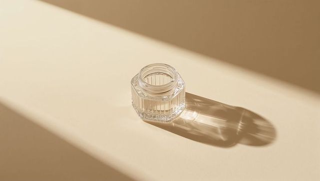 Abstract elegance with faceted glass jar and soft shadows