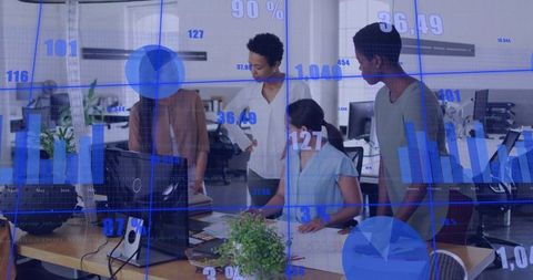 Four professionals collaborating over data overlays and project plans in modern open office