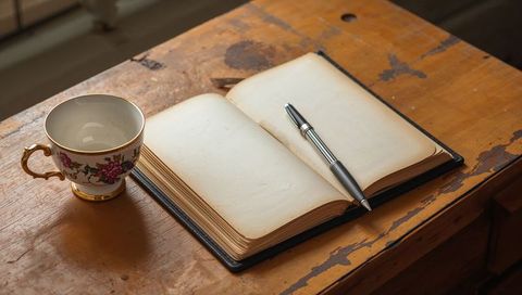 Vintage open journal with silver pen and floral teacup on distressed wooden desk