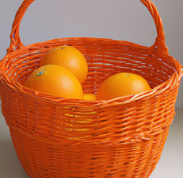 Image of close up of heap of oranges in traditional wicker basket on grey background. Orange fruit and colour concept.