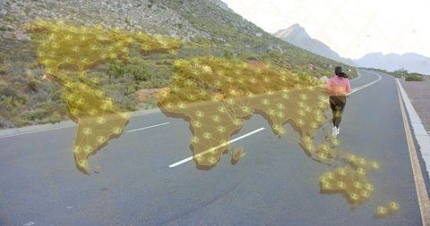 Woman Jogging on Mountain Road with Digital World Map Network