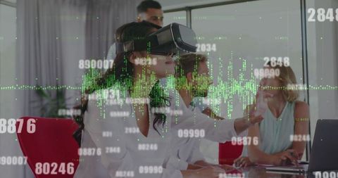 Businesswoman Using VR Headset for Data Visualization in Office