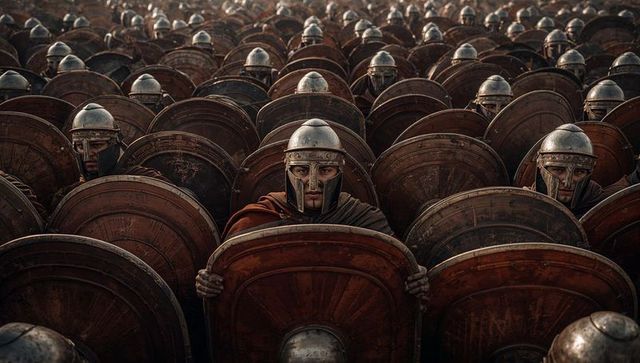 Ancient hoplite phalanx holding shields and helmets forming dense battle front