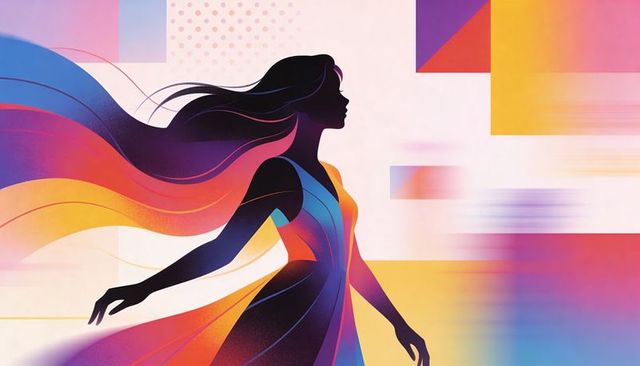 Silhouette Woman Gliding in Flowing Multicolor Dress with Dynamic Geometric Gradient