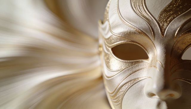 Golden venetian mask macro with radiant fan, ornate gilded swirls and textured relief