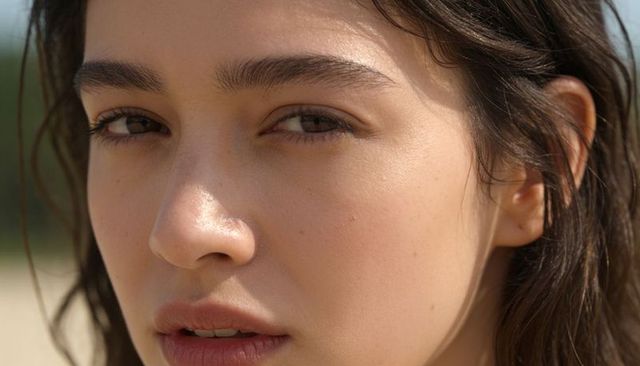 Squinting young woman gazing toward bright sun on beach closeup showing natural skin