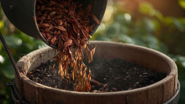 Pouring dried leaves into wooden planter during golden hour composting for mulch and soil enriching