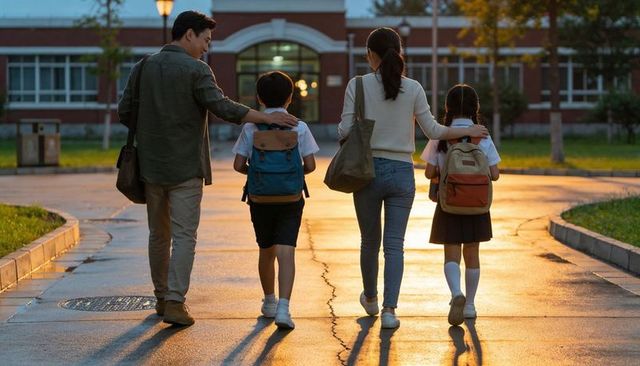 Family walking to school at golden hour with parents guiding children and backpacks