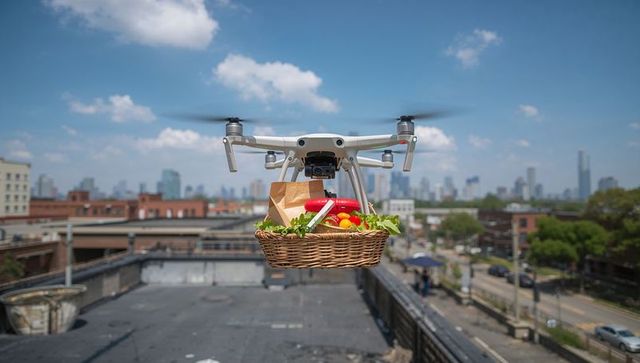 Drone delivering grocery basket over urban rooftop with fresh produce and bread