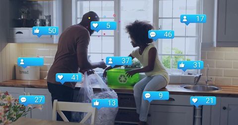 Parent and child practicing recycling, placing plastic in green bin with social icons