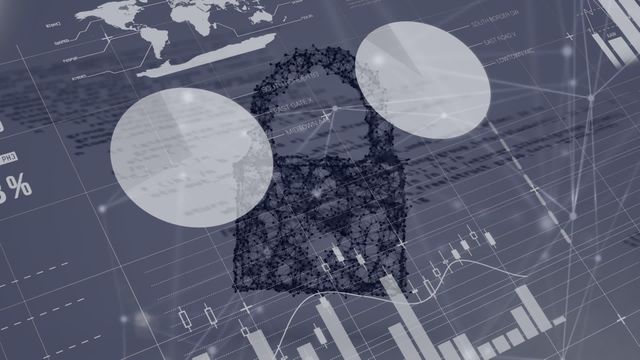 Visual representation of cybersecurity encompassing financial data processing, graphs, charts, and a digital lock. Ideal for illustrations in technology, cybersecurity, and financial sectors, depicting concepts of data protection, secure networks, and the intersection of technology and finance.