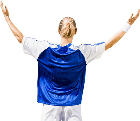 Caucasian Sportswoman Raising Arms in Triumph on Transparent Background