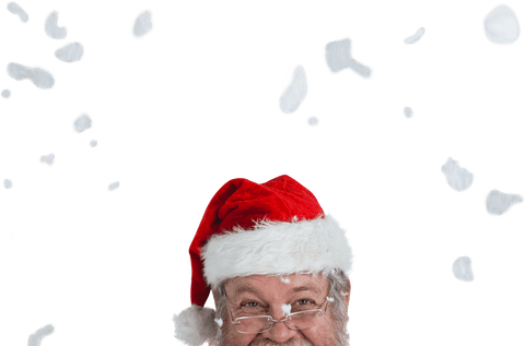 Festive santa claus with floating snowflakes transparent background
