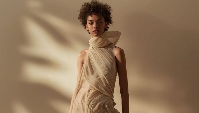 Ethereal pleated couture gown on standing model wearing high-neck scarf in beige