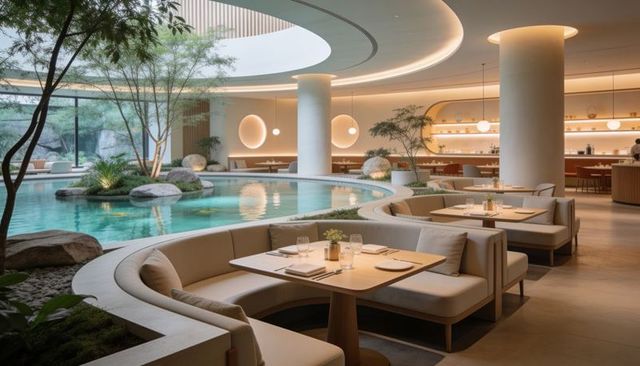 Upscale restaurant featuring curved banquette seating and ornamental pool beneath skylight