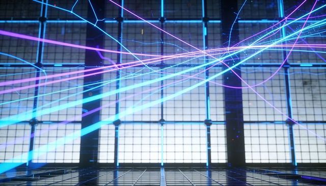 Gliding cyan and magenta neon beams reflecting on tiled floor across lit grid panels